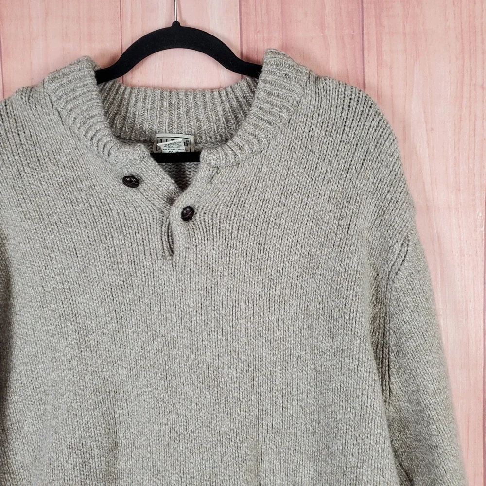 L.L. Bean Mens‎ Sweater 2XL Tall Tan Knitted Henley Neck Lambswool 285175